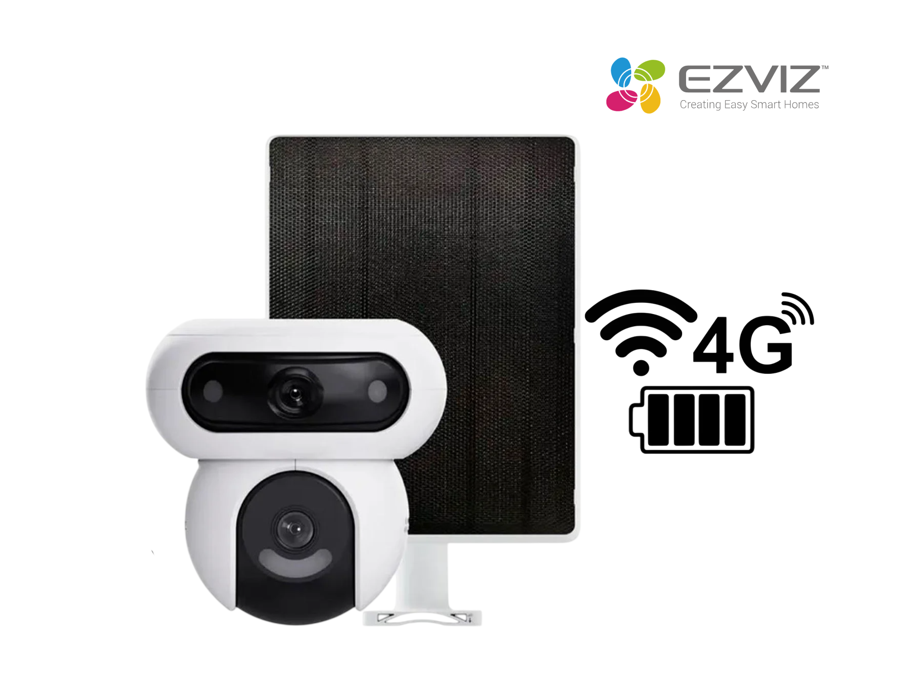 CAMARA EZVIZ EXT HB90X DUAL KIT 4MP 2K+, AUDIO 2 VIAS , WIFI 2.4GHZ Y CHIP 4G, 360° A COLOR, CON SIRENA INTEGRADA,IP67 CON PANEL SOLAR