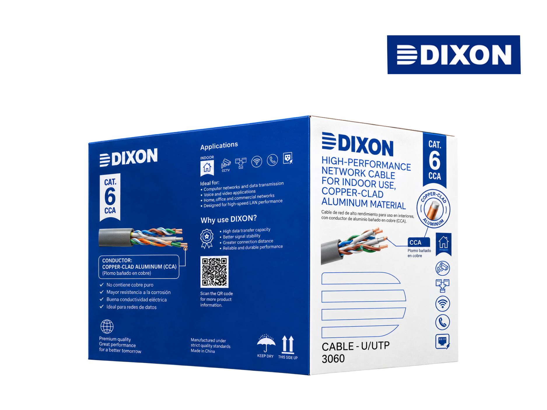 CAJA DE CABLE UTP DIXON CAT 6 INT COBRE BAÑADO 305MTS,COD 3060