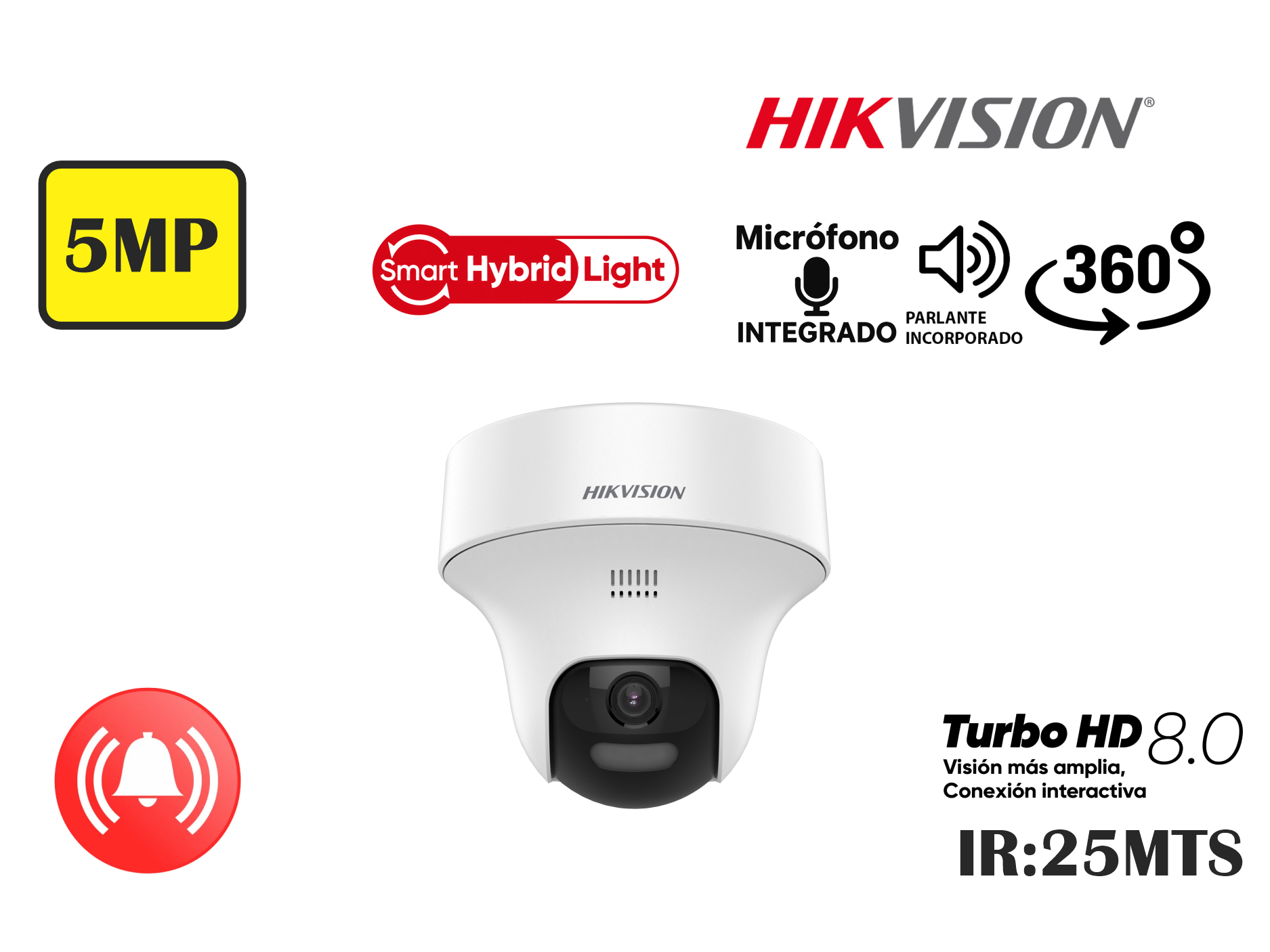 CAMARA HIKVSION ANALOGA DOMO 5MP 3K PT 360°,SMART HYBRID LIGHT,C/AUDIO 2 VIAS Y SIRENA ,TURBO 8.0 ,2.8MM,HASTA 25MTS