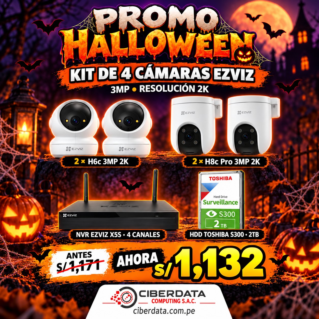 🎃PROMO HALLOWEEN🎃KIT 4 CAMARAS EZVIZ , NVR 4CH , HDD 2TB 🛡️