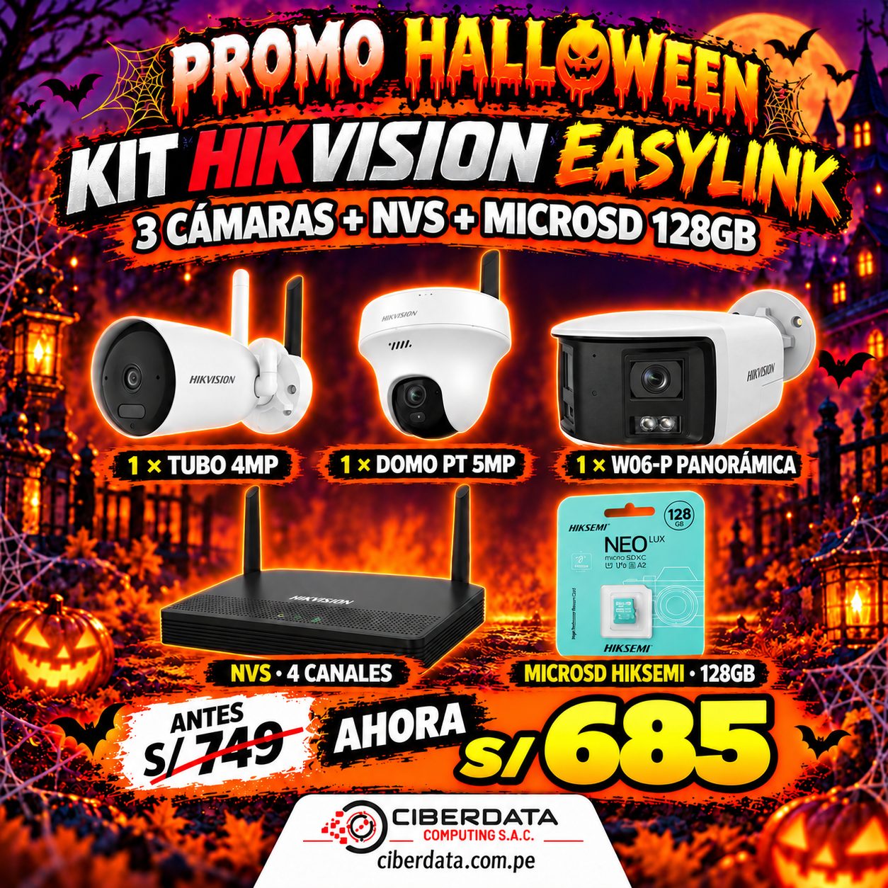 🎃PROMO HALLOWEEN🎃 KIT 3 HIKVISION EASYLINK , PANORAMICO 180º + 128GB, WIFI 6 🛡️🛜
