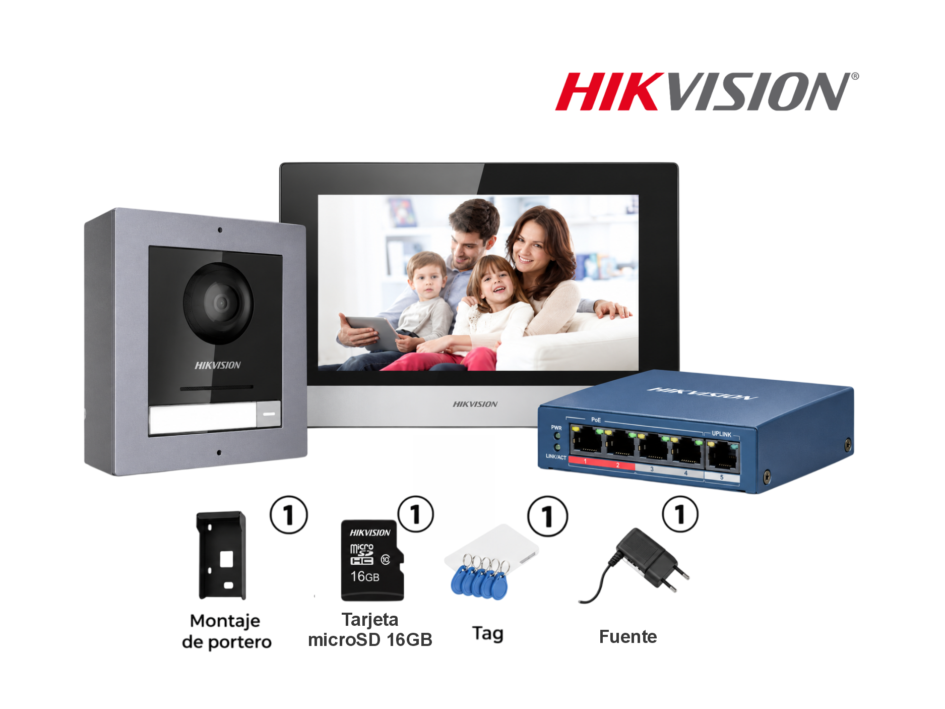 KIT VIDEOPORTERO IP HIKVISION DS-KIS8602(B) RESOLUCION 1080P ,SWITCH POE HIKVISION DE 5 PUERTOS ,APERTURA DE PUERTA ,1 PORTERO, 1 MONITOR PANTALLA TACTIL DE 7", 1 BASE PARA EMPOTRAR PORTERO Y 1 FUENTE DE ALIMENTACION, 1 TARJETA MICRO SD 16GB