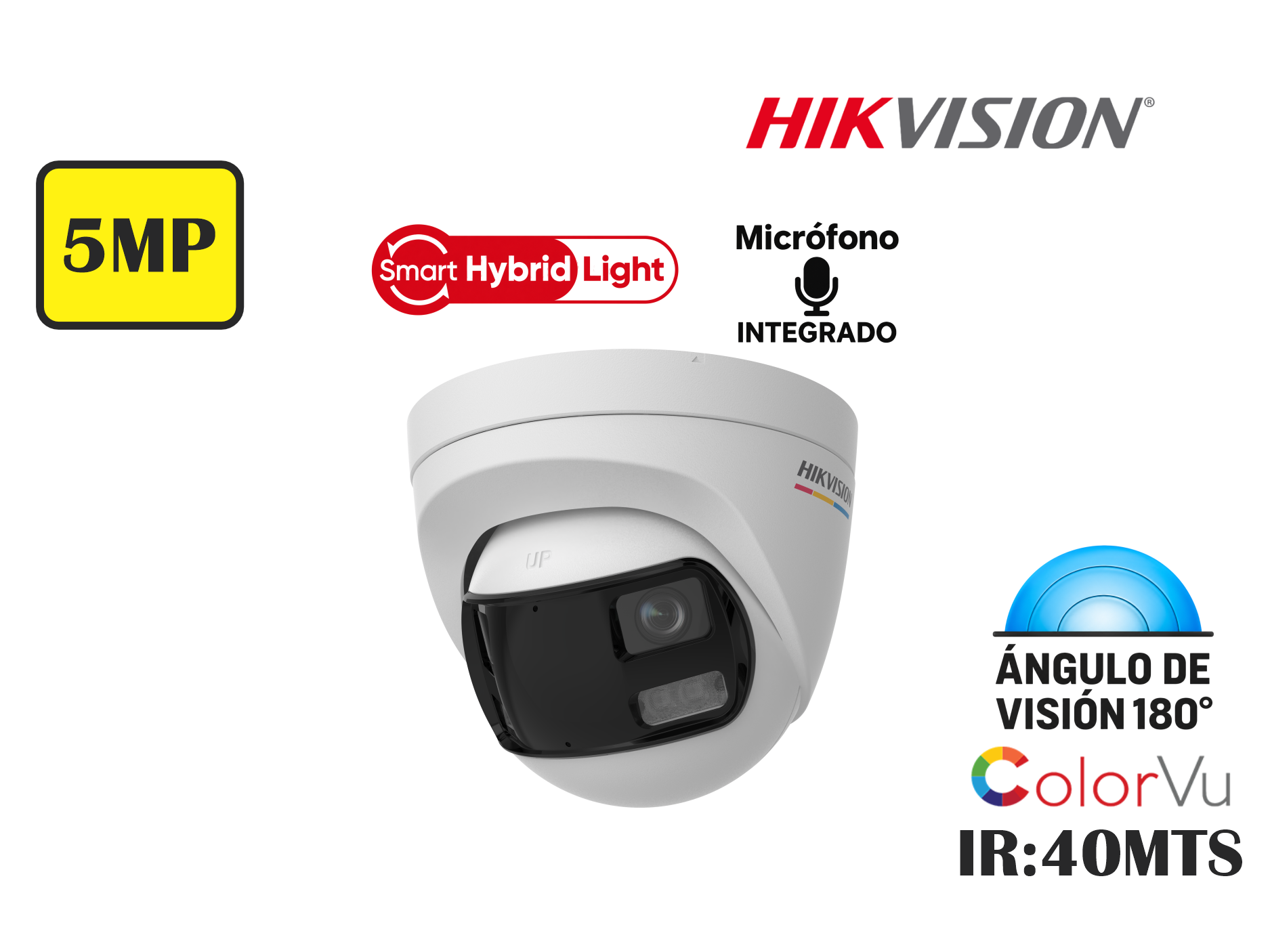 CAMARA HIKVSION ANALOGA DOMO 5MP FIJA,SMART HYBRID LIGHT,COLORVU,ANGULO 180°,C/AUDIO,2.8MM,HASTA 40MTS